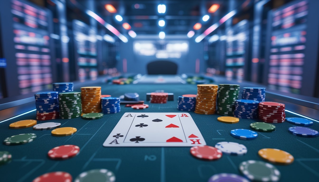 Meja mini poker dengan kartu dan keping taruhan di lingkungan server modern bercahaya biru.