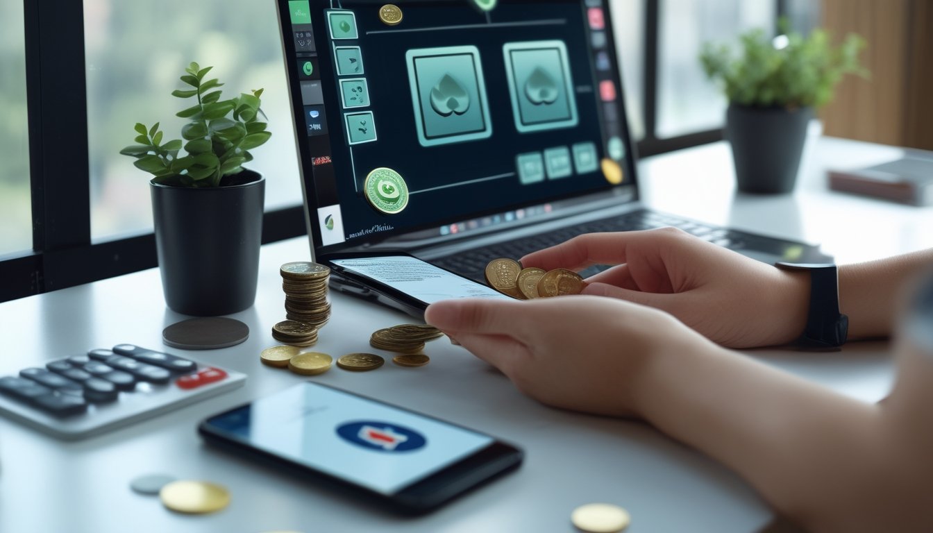 Meja kerja modern dengan laptop, ponsel, kartu permainan, chip poker, kalkulator, dan koin yang tertata rapi.