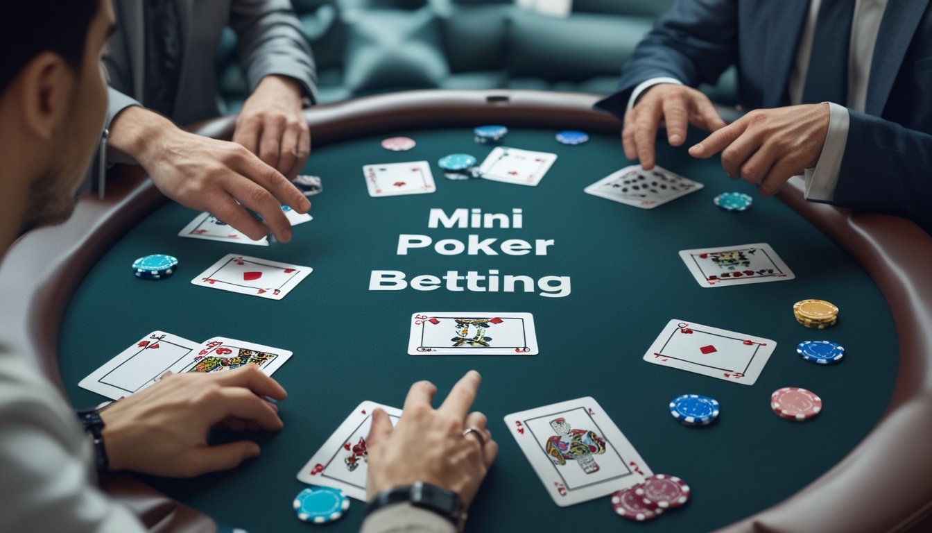 Seorang pemula mempelajari permainan poker mini bersama instruktur di meja dengan kartu dan keping taruhan.
