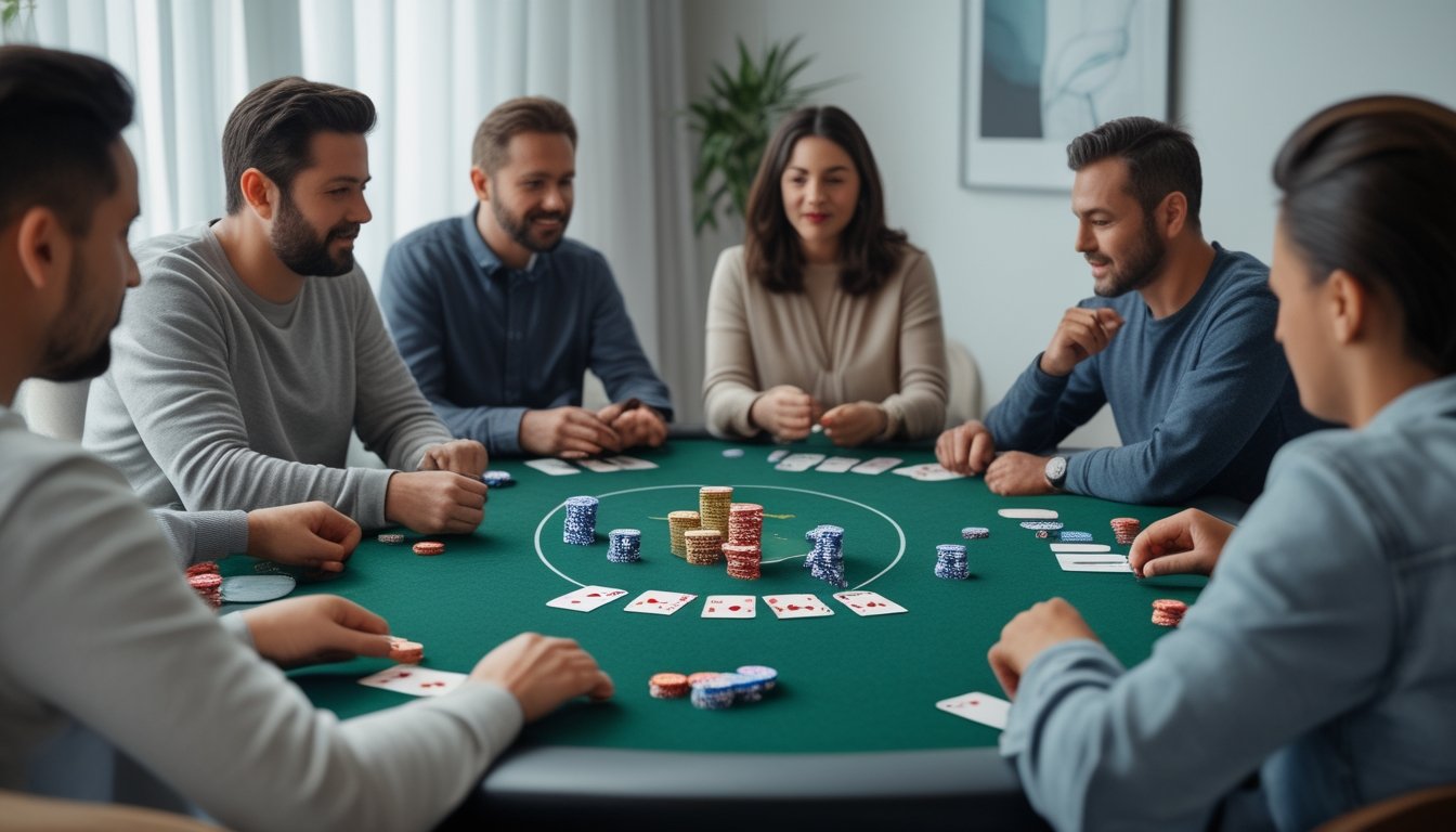 Sekelompok orang dewasa mempelajari kartu dan chip poker di sekitar meja permainan.