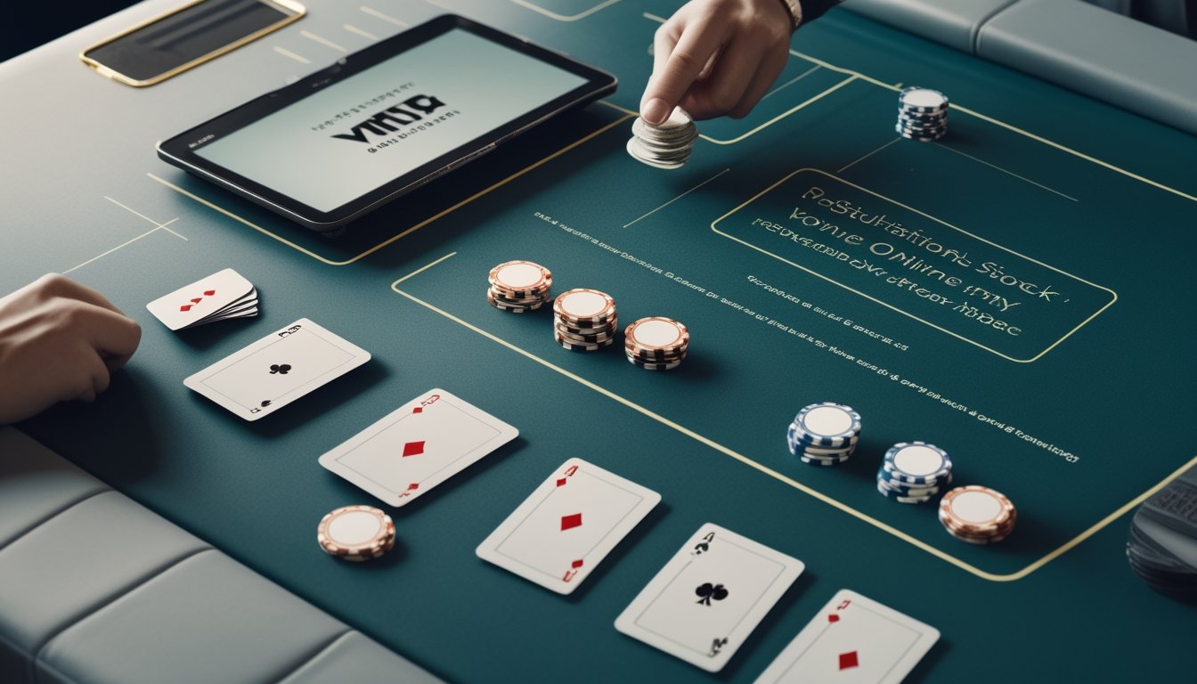 Meja poker modern dengan kartu, keping taruhan, dan perangkat digital yang menampilkan antarmuka permainan abstrak.