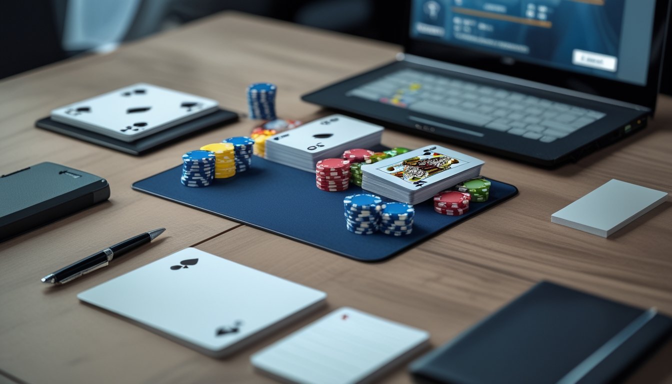 Meja permainan mini poker dengan kartu, tumpukan chip, dan perangkat digital.