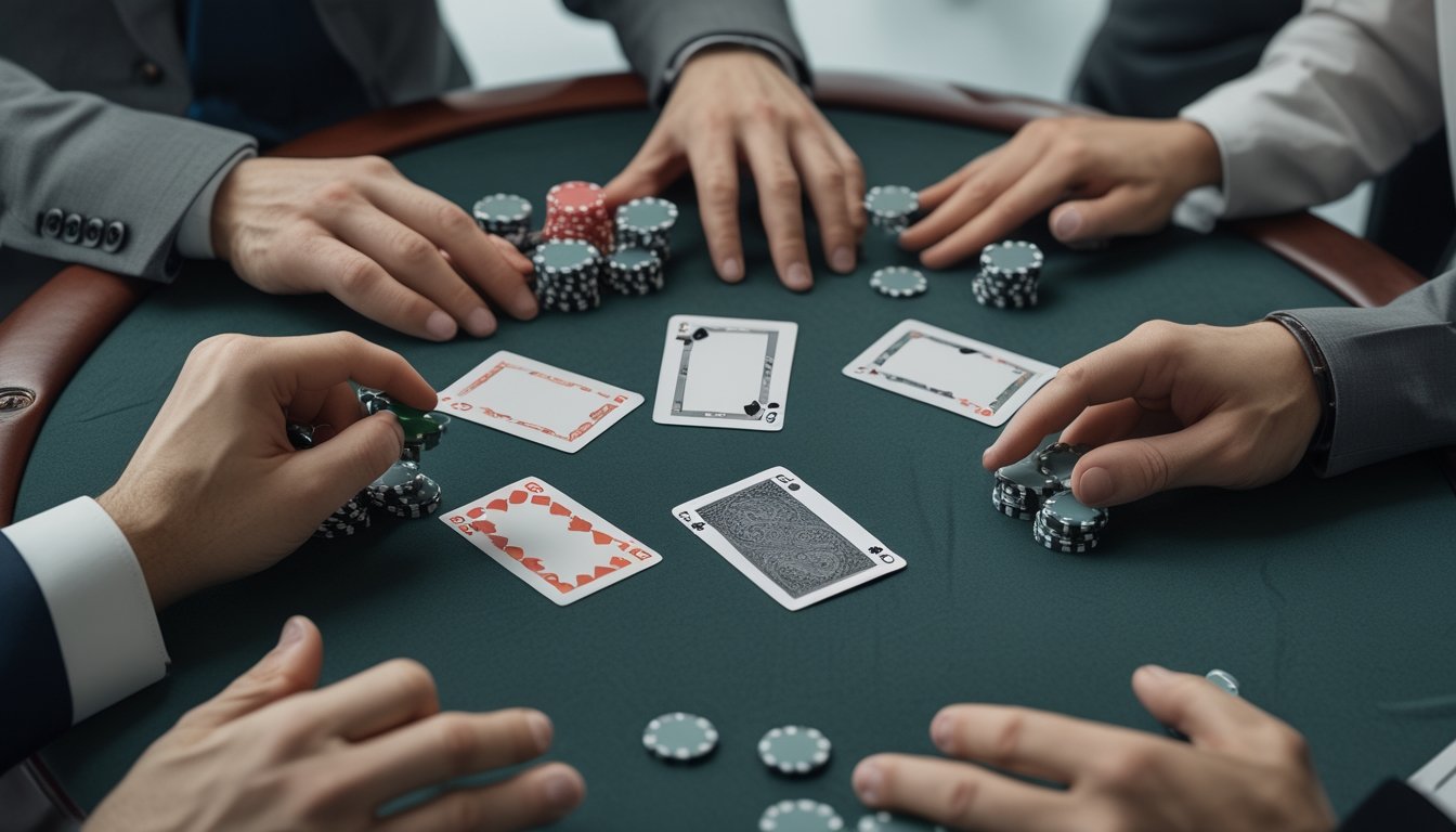 Dua pemain mengamati kartu, keping taruhan, dan gerakan lawan di meja poker kecil.