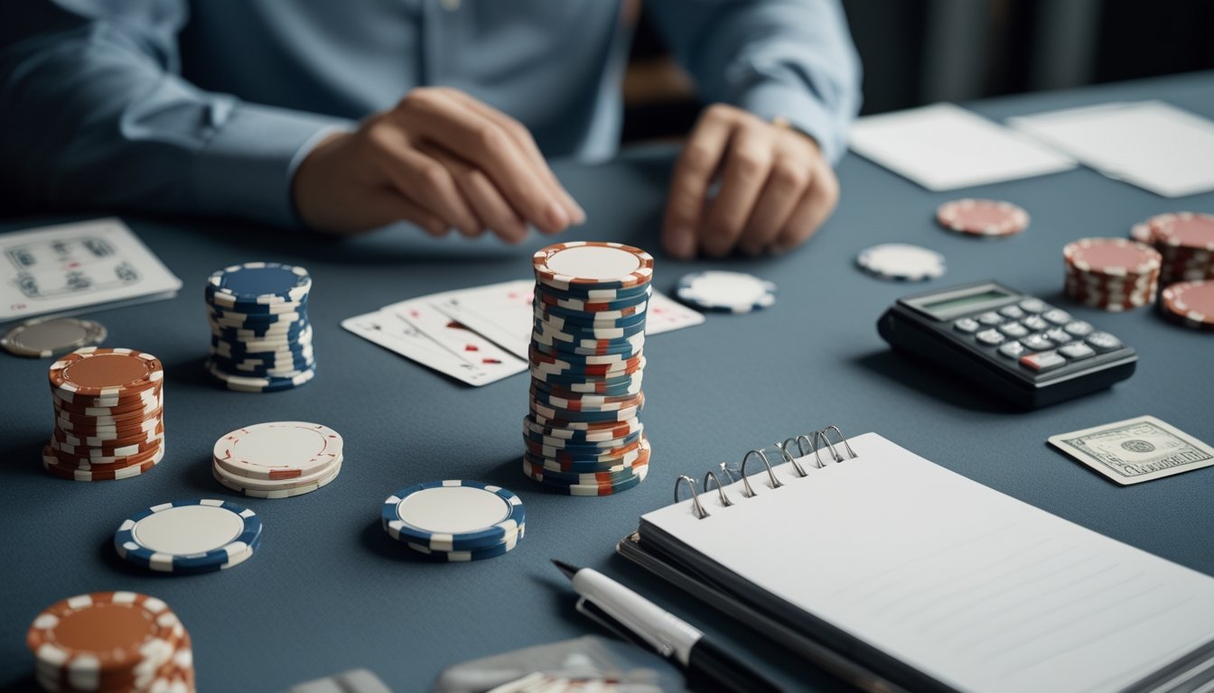 Tangan pemain menata tumpukan chip poker kecil di samping kartu tertutup, buku catatan kosong, dan kalkulator.