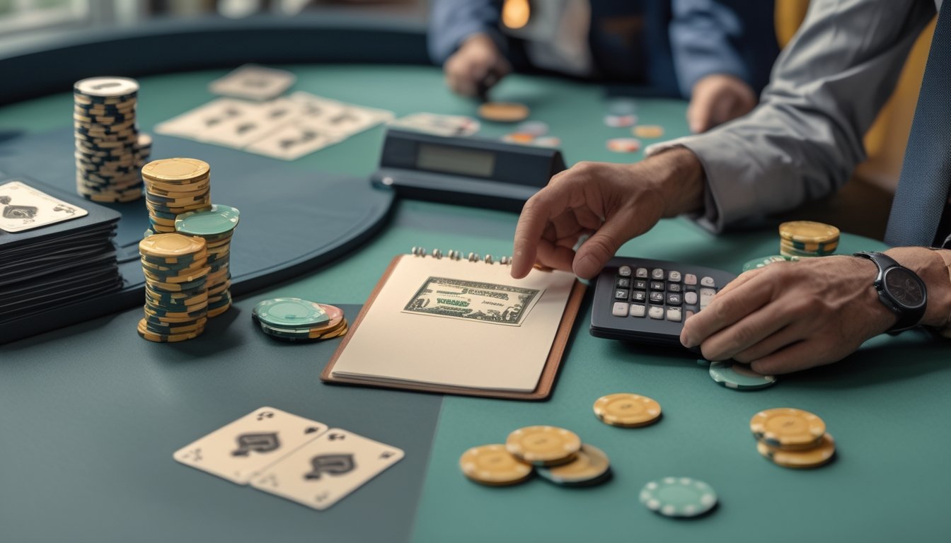 Meja rapi dengan keping poker, kalkulator, uang tunai, dan buku catatan untuk mengatur modal kecil.