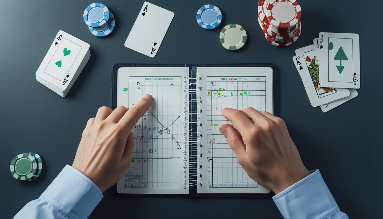 Meja mini poker dengan kartu, chip, dan catatan perhitungan peluang yang sedang dianalisis.