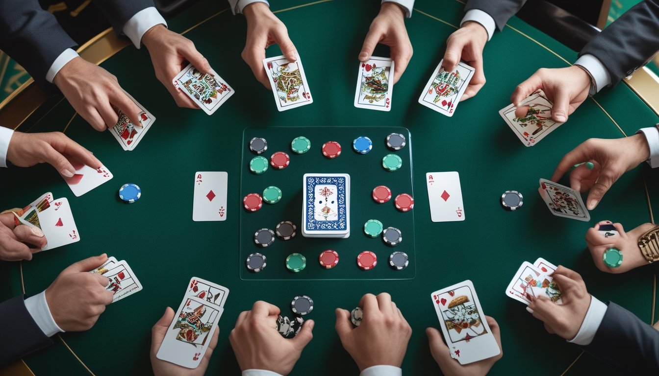 Kartu mini poker, keping taruhan, dan alat bantu perhitungan tersusun di atas meja hijau.