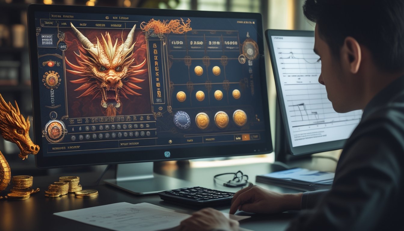 Ruang kerja modern menampilkan analisis permainan slot bertema naga dengan grafik abstrak, kalkulator, koin, dan ornamen naga.