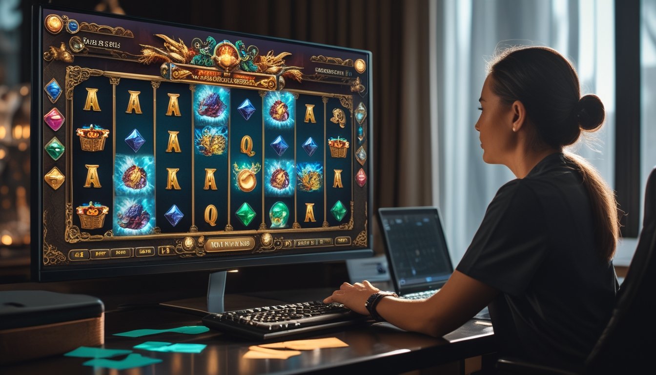 Seseorang mempelajari permainan slot bertema naga dengan simbol bercahaya dan fitur bonus di layar komputer.