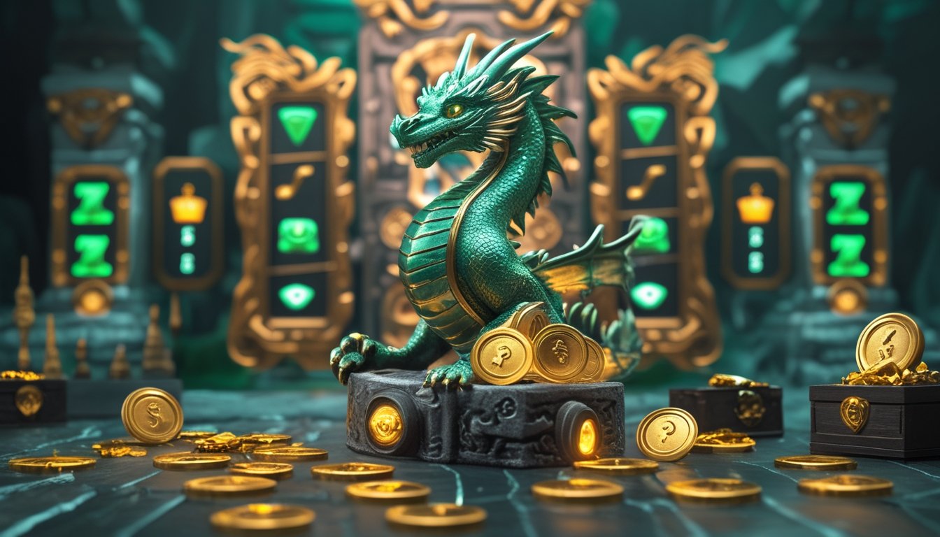 Naga mitologis dikelilingi koin emas, peti harta, permata, dan simbol bonus di lingkungan permainan fantasi.