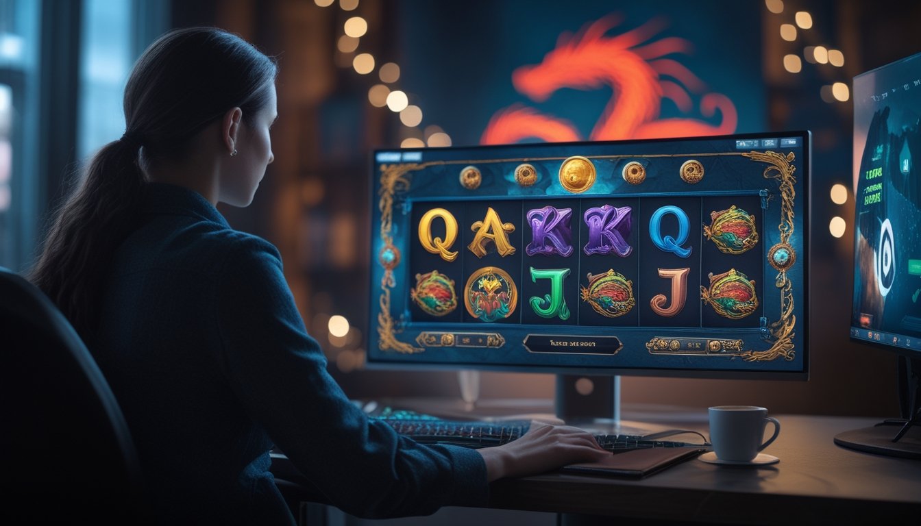 Seorang pemula memainkan permainan slot bertema naga di depan komputer dengan suasana tenang dan fokus.