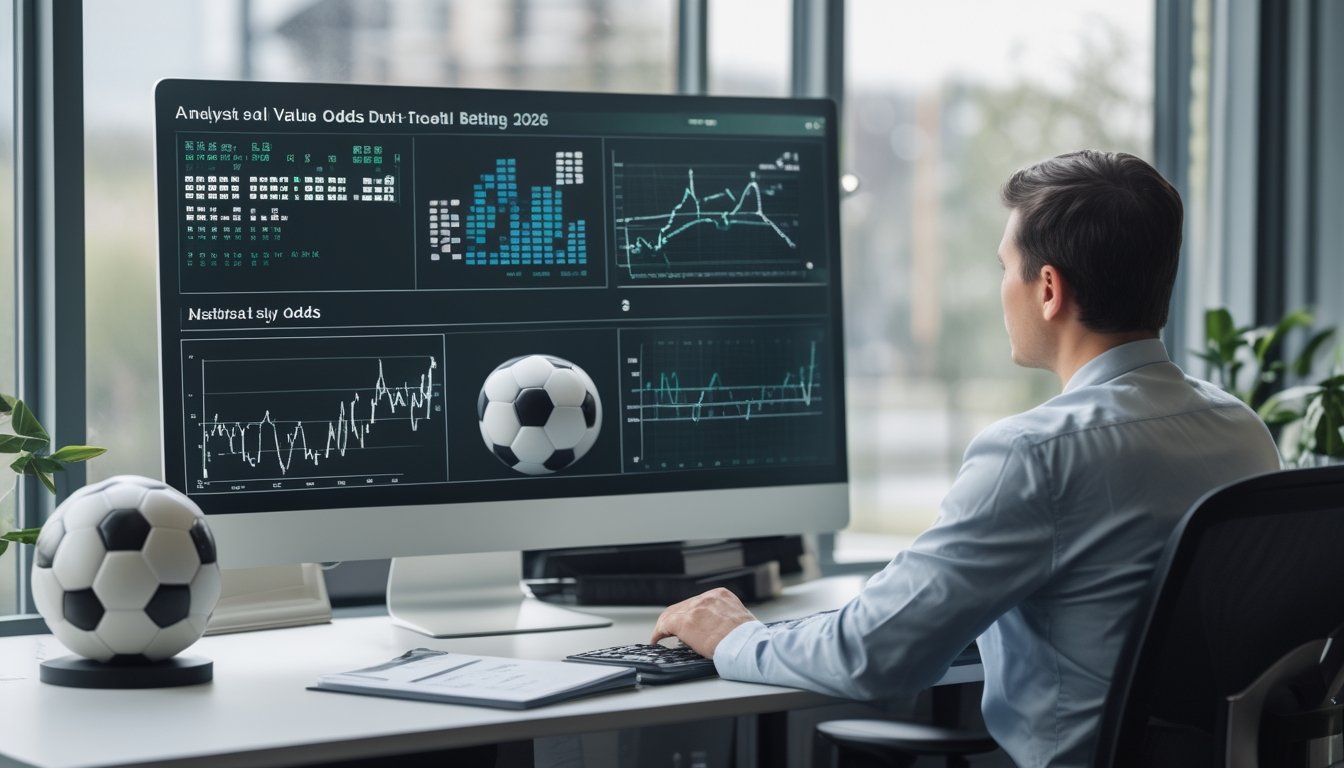 Analis sepak bola mempelajari grafik statistik pertandingan di meja kerja dengan bola dan kalkulator.