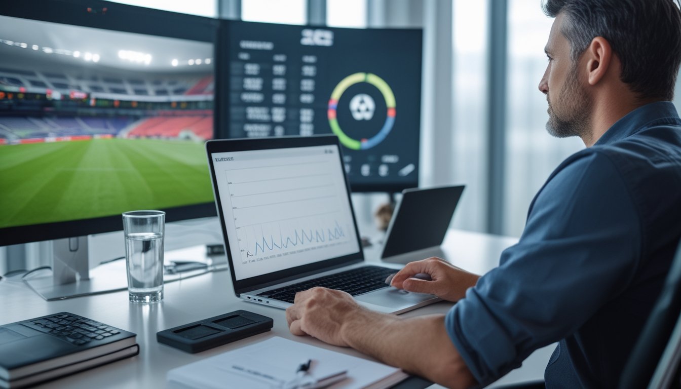 Seorang analis memantau pertandingan sepak bola dan grafik data di meja kerja untuk mengambil keputusan taruhan secara hati-hati.