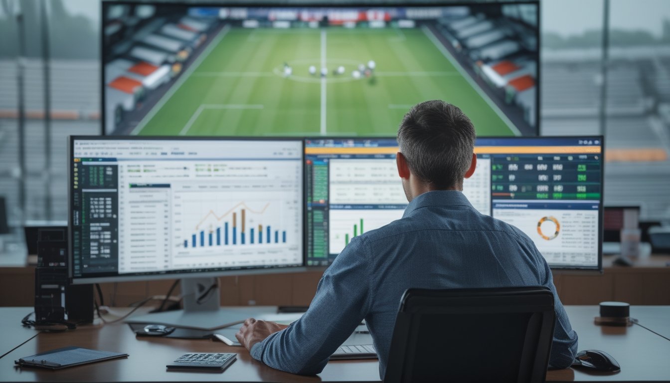 Analis memantau pertandingan sepak bola babak kedua dan data statistik langsung di beberapa layar.