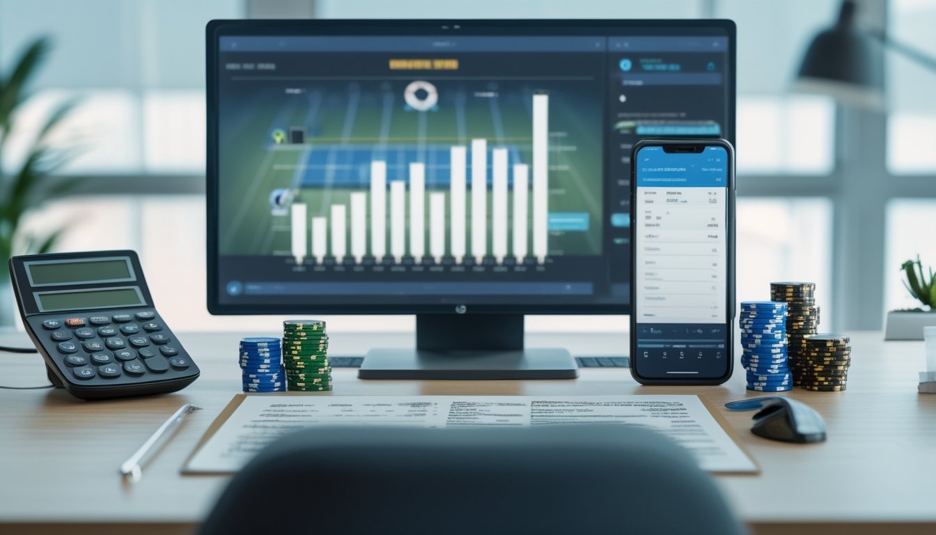 Meja kerja dengan kalkulator, grafik keuangan abstrak, buku catatan kosong, dan token taruhan yang tertata rapi.