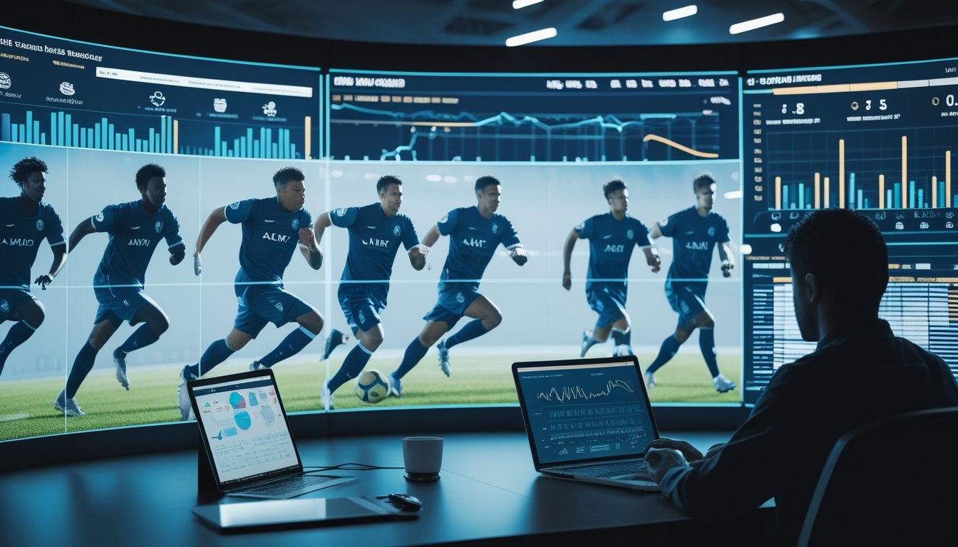 Ruang analisis olahraga modern dengan grafik statistik dan visual pemain sepak bola muda.