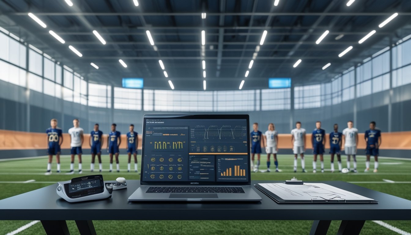 Analis olahraga meninjau data performa pemain muda di ruang kerja modern dengan lapangan stadion di latar belakang.