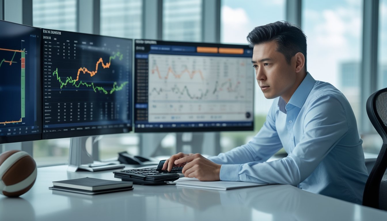 Analis olahraga memeriksa data pergerakan pasar pertandingan sepak bola di beberapa monitor.