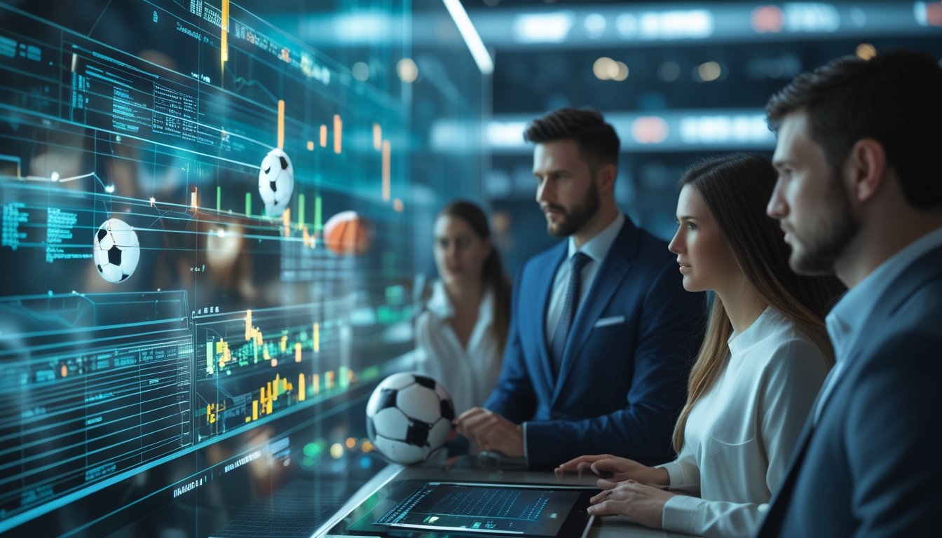 Analis olahraga berdiskusi di depan layar digital yang menampilkan grafik abstrak tentang prediksi pertandingan.