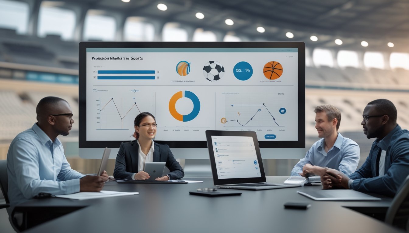 Analis olahraga berdiskusi di depan dashboard digital berisi grafik probabilitas dan ikon berbagai cabang olahraga.