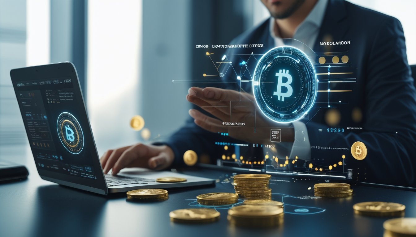 Orang dewasa meninjau platform taruhan kripto pada laptop dan ponsel di ruang kerja modern, dengan simbol keamanan serta keseimbangan risiko.