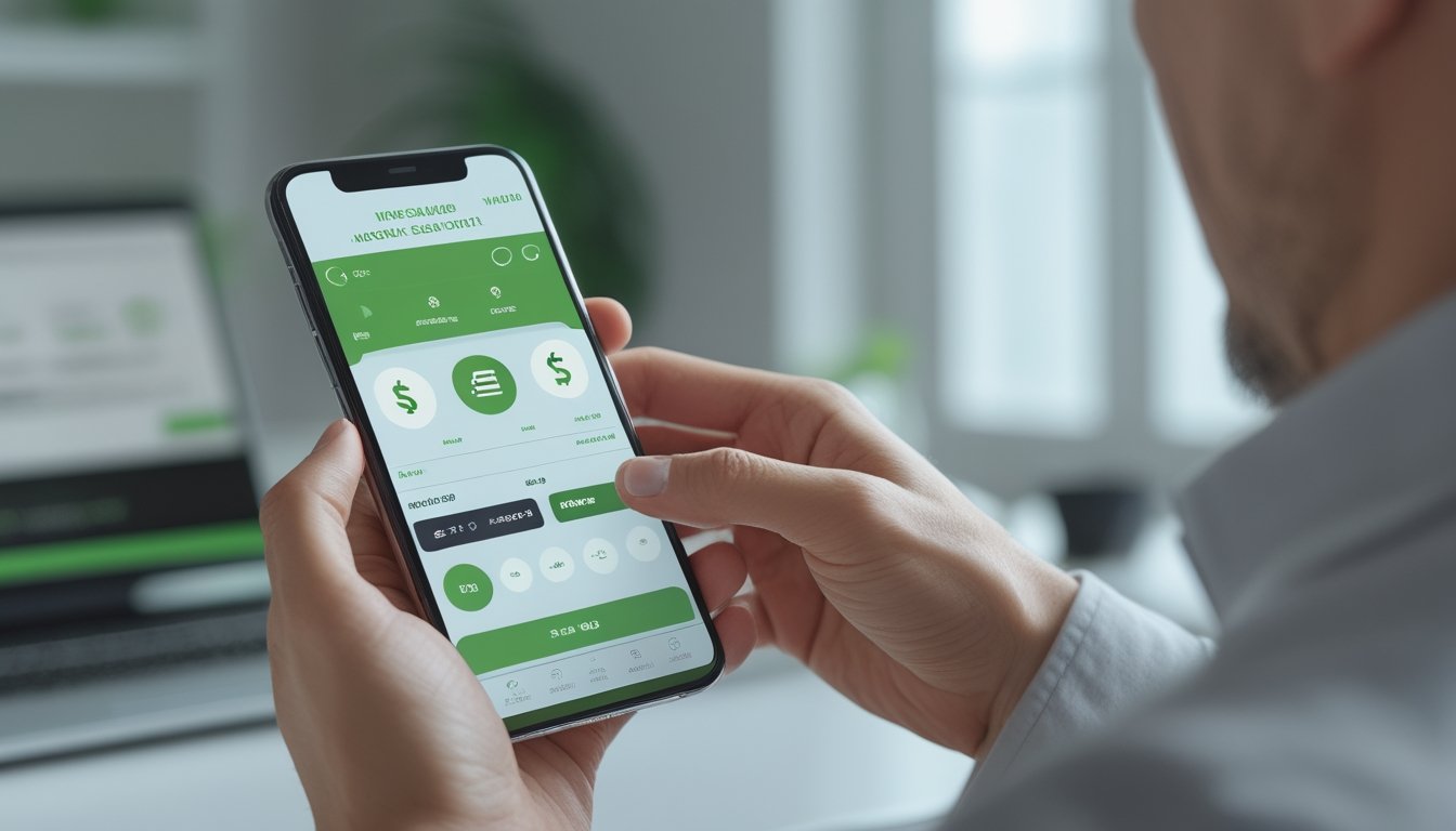 Seseorang menggunakan aplikasi seluler dengan fitur pencairan dana instan di ruang modern.