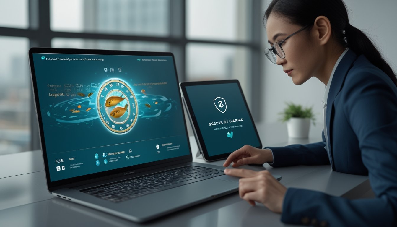 Seorang profesional memeriksa keamanan dan legalitas platform permainan digital menggunakan laptop dan tablet.