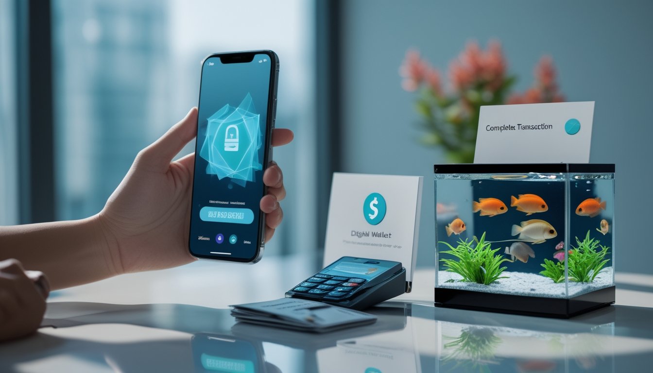 Tangan melakukan transaksi dompet digital di samping akuarium kecil berisi ikan warna-warni.