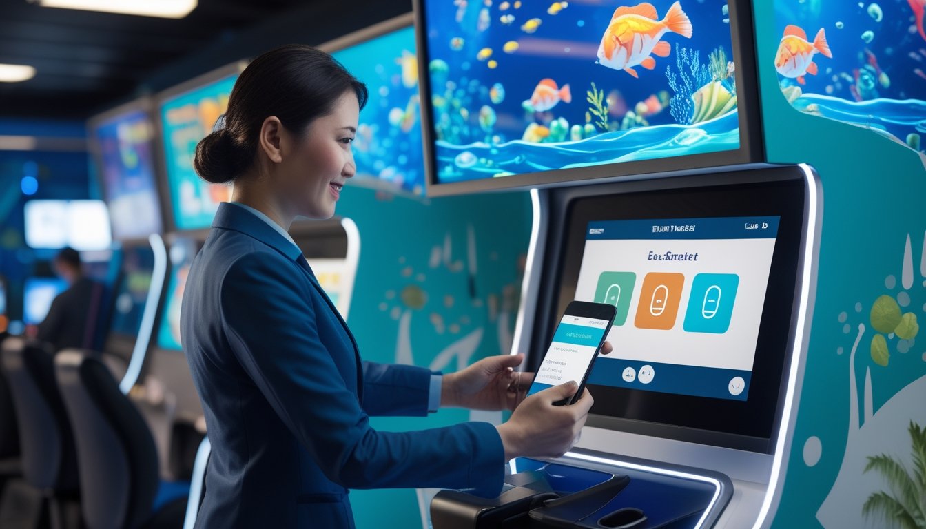 Seorang agen membantu pengguna melakukan deposit dompet elektronik di dekat mesin permainan tembak ikan.