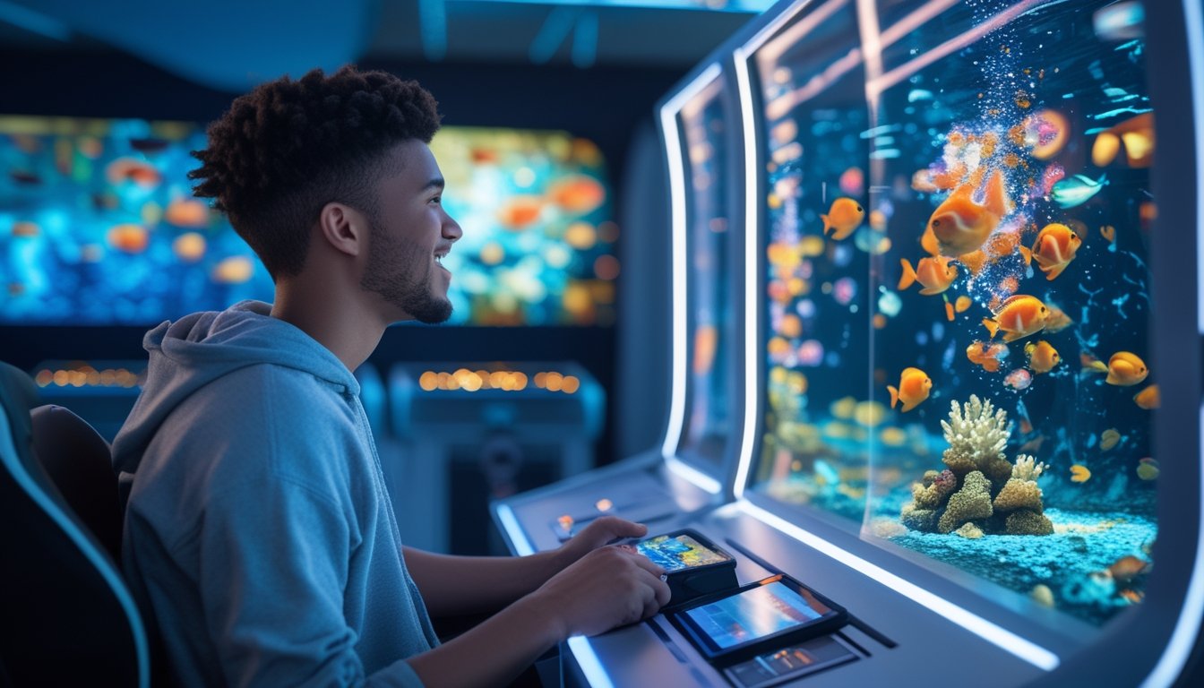 Seorang pemain menikmati permainan arcade bertema ikan di depan layar akuarium digital yang penuh warna.