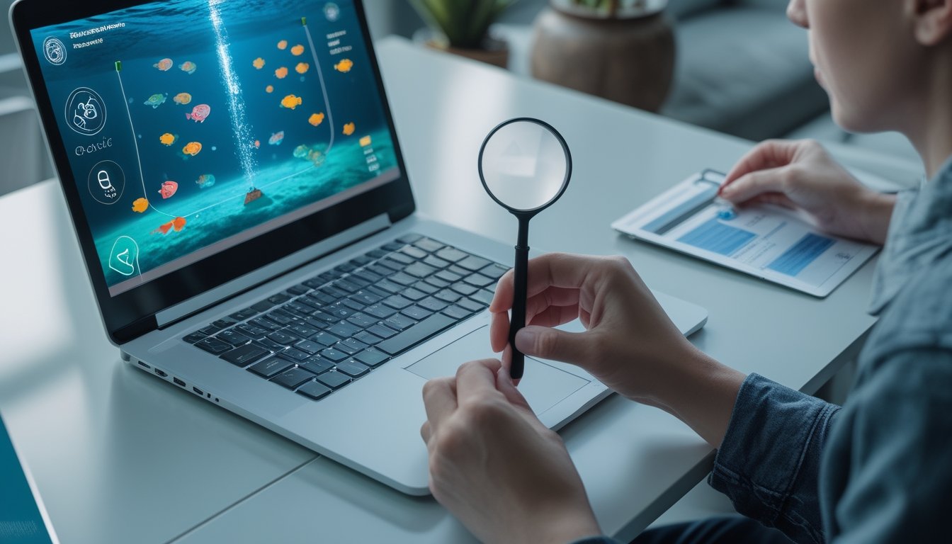 Orang dewasa memeriksa platform permainan tembak ikan di ponsel dan laptop dengan simbol keamanan serta verifikasi.