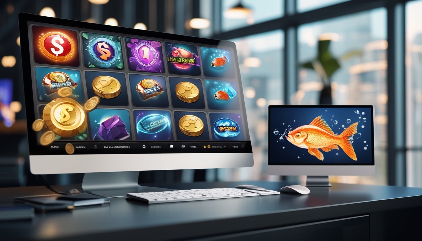 Layar komputer dan ponsel menampilkan permainan slot dan tembak ikan dalam suasana modern.