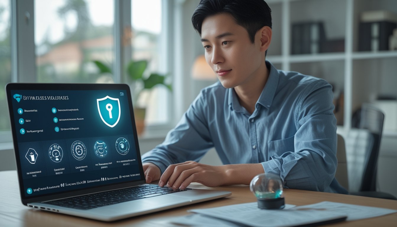 Seorang profesional memeriksa platform hiburan digital dengan simbol keamanan dan verifikasi di meja kerja.