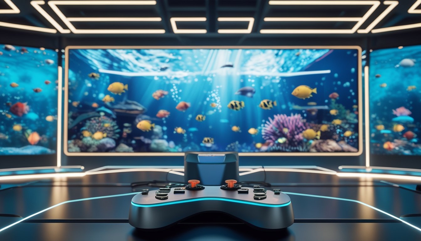 Stasiun permainan bertema bawah laut dengan layar menampilkan ikan tropis dan pengendali futuristis di bagian depan.
