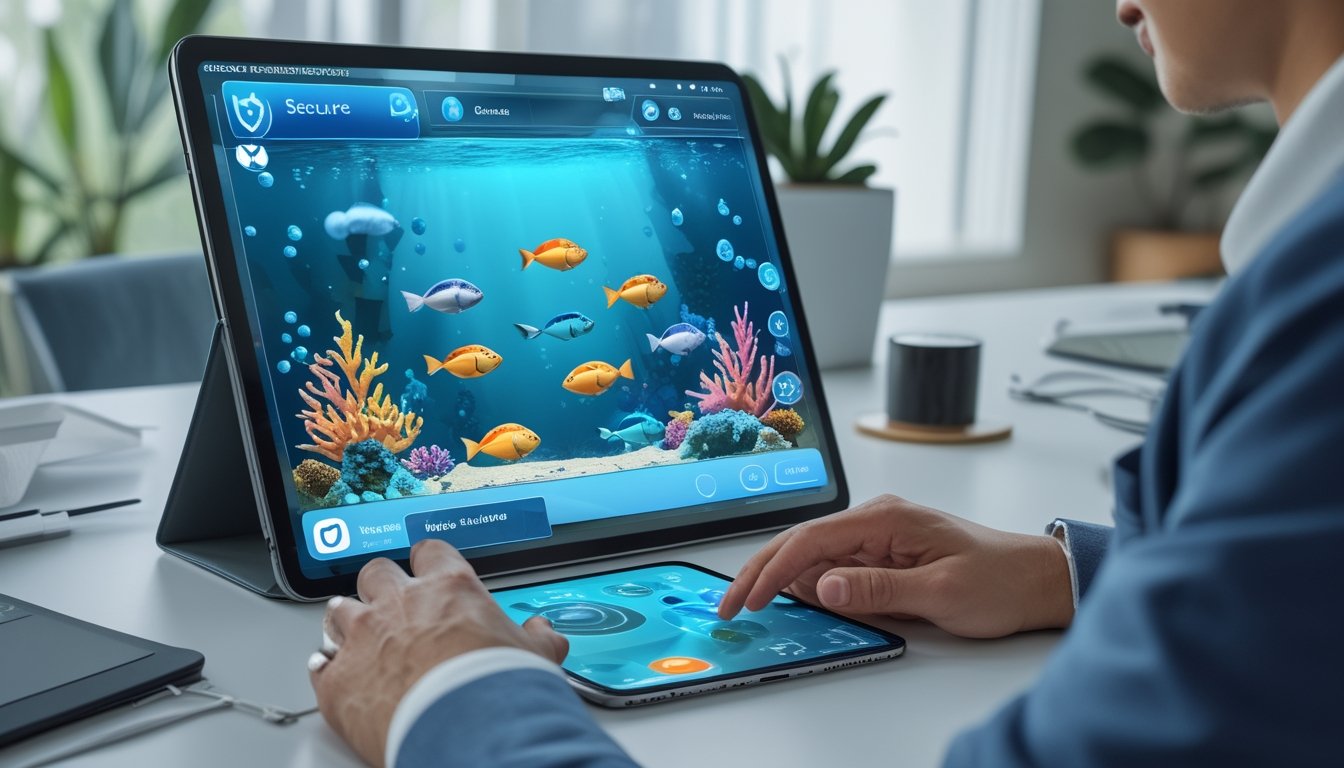 Seseorang meninjau platform permainan tembak ikan di perangkat digital dengan tampilan dunia bawah laut dan berbagai pilihan senjata.