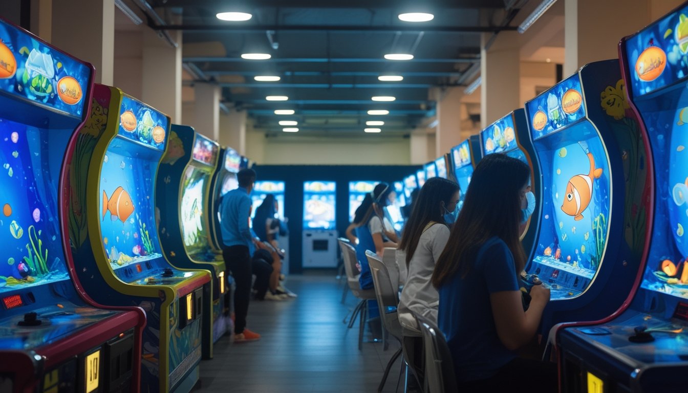 Orang-orang bermain gim arcade bertema bawah laut di sebuah tempat hiburan yang bersih dan modern.