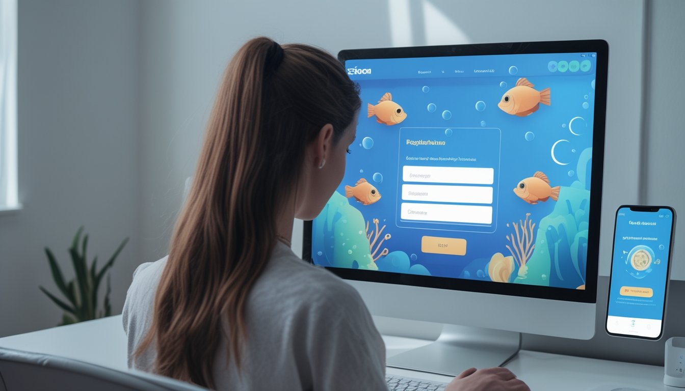 Seseorang mengisi formulir akun pada komputer dengan ilustrasi permainan ikan berwarna-warni di layar.