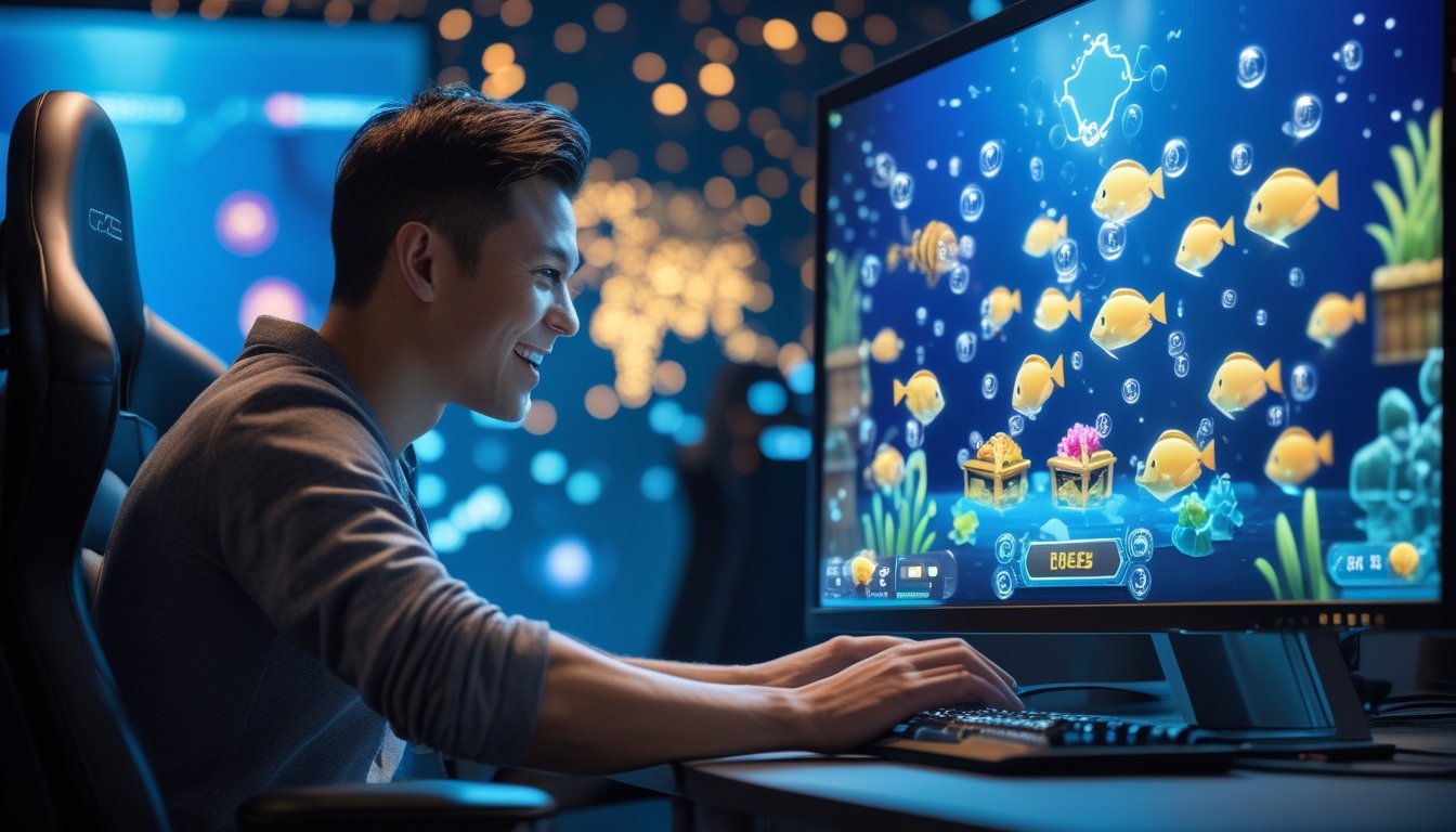 Pemain dewasa menikmati permainan arcade bertema bawah laut di depan monitor dengan ikan tropis dan efek cahaya berwarna-warni.