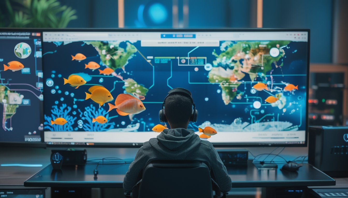 Pemain dewasa menikmati permainan tembak ikan dengan latar visual jaringan server internasional.