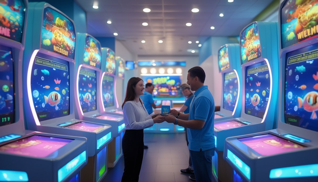 Pengunjung mencoba permainan arcade bertema ikan sementara staf menyambut anggota baru di ruang hiburan yang terang.