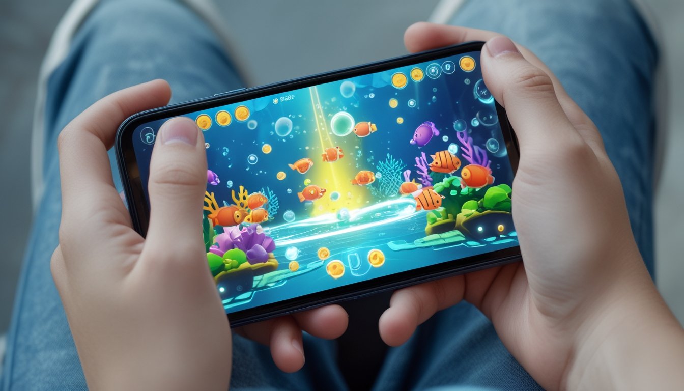 Seseorang memegang ponsel pintar yang menampilkan permainan menembak ikan bawah laut berwarna-warni.