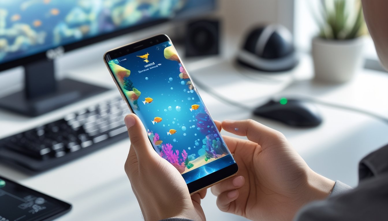 Seseorang memainkan permainan tembak ikan bawah laut di smartphone sederhana.