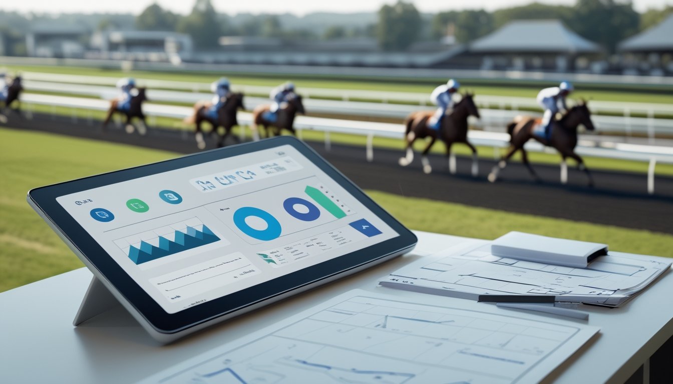 Seekor kuda pacu dan joki berlomba di lintasan, dengan tablet serta lembar grafik statistik tanpa tulisan di latar depan.