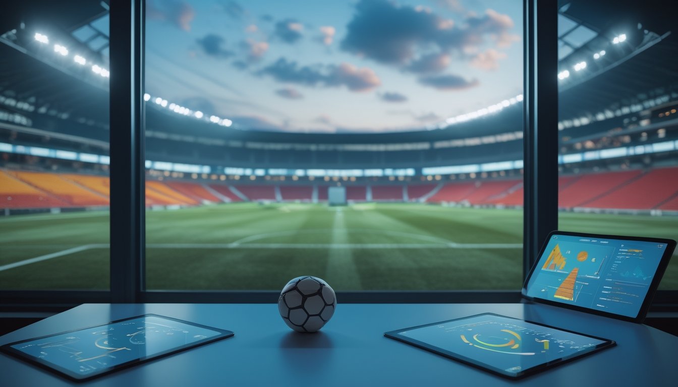 Meja analisis sepak bola dengan bola, tablet berisi grafik statistik, dan stadion tempat pertandingan berlangsung di latar belakang.