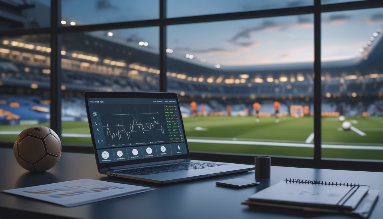 Analis olahraga mempelajari statistik pertandingan sepak bola di ruang kerja dengan stadion terlihat di latar belakang.