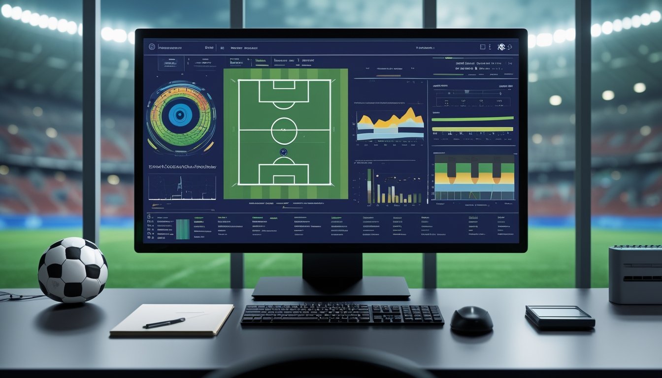 Meja kerja analitik olahraga dengan monitor yang menampilkan visualisasi data sepak bola dan bola di depannya.