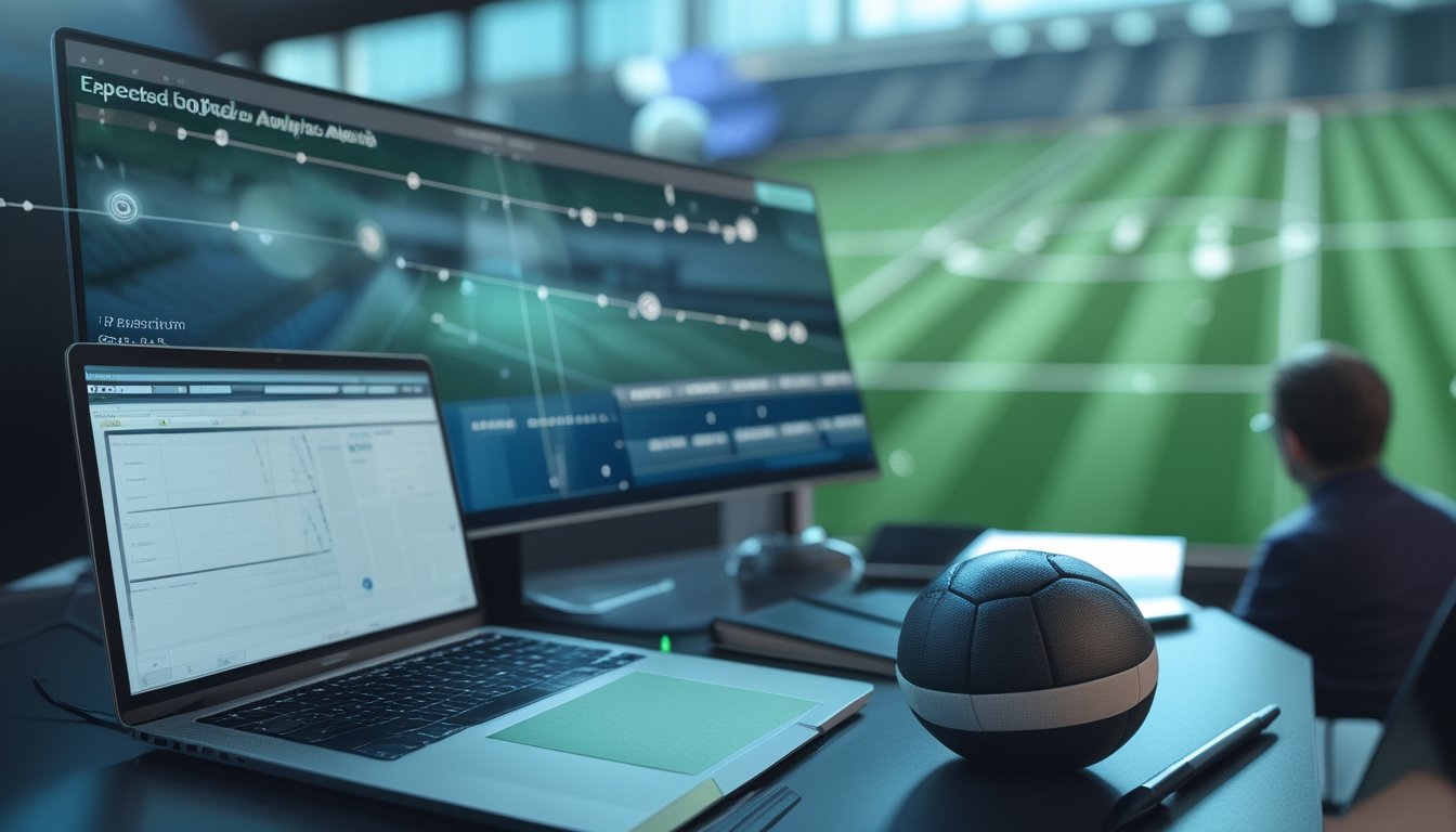 Analis sepak bola mempelajari visualisasi data dan peta peluang tembakan di ruang kerja modern.