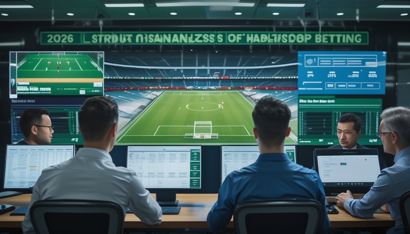 Analis olahraga membandingkan data pertandingan sepak bola internasional di ruang kerja modern.