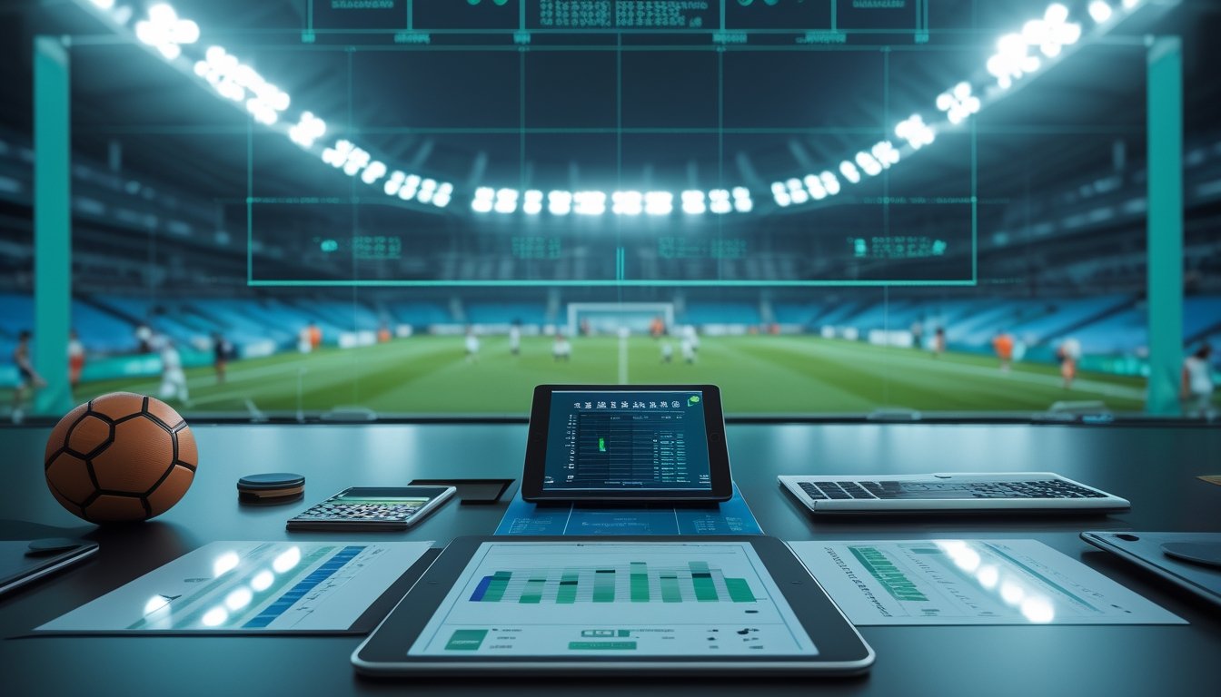 Suasana pertandingan sepak bola internasional dengan analis yang mengamati data pertandingan dari area stadion.