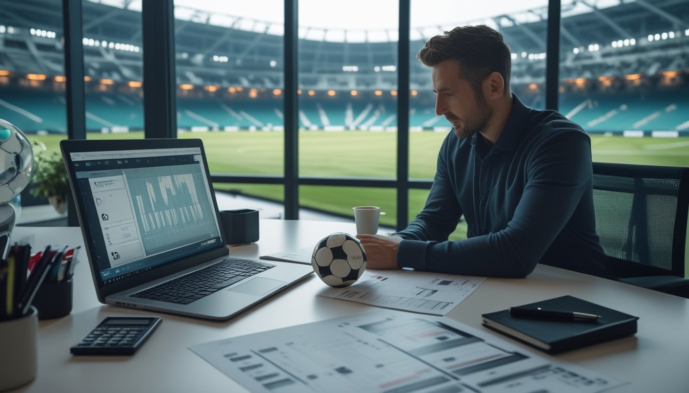 Analis sedang mempelajari statistik pertandingan sepak bola di meja kerja dengan stadion terlihat di latar belakang.